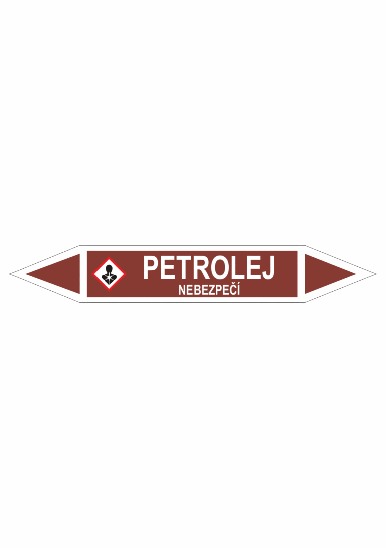 Značení dle ČSN - Oboustranné potrubní šipky se symboly GHS Tekutiny: Petrolej