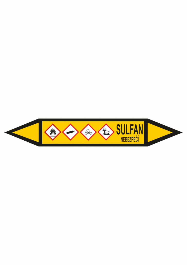Značení dle ČSN - Potrubní šipky se symboly GHS Plyn: Sulfan