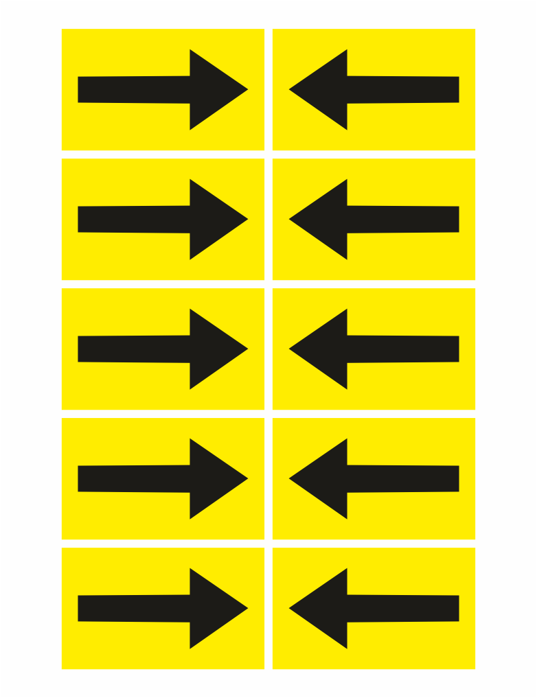402004-25 | KRIŽAN - safetyshop Grid of ten yellow panels with black arrows: left column arrows point right, right column arrows point left (5 rows).