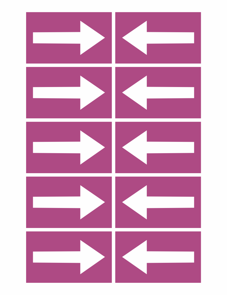 402105-25 | KRIŽAN - safetyshop Two-column grid of purple tiles; left column shows white right-pointing arrows, right column shows white left-pointing arrows, across six rows (bidirectional arrows). Your interface may imply back-and-forth navigation or toggle.