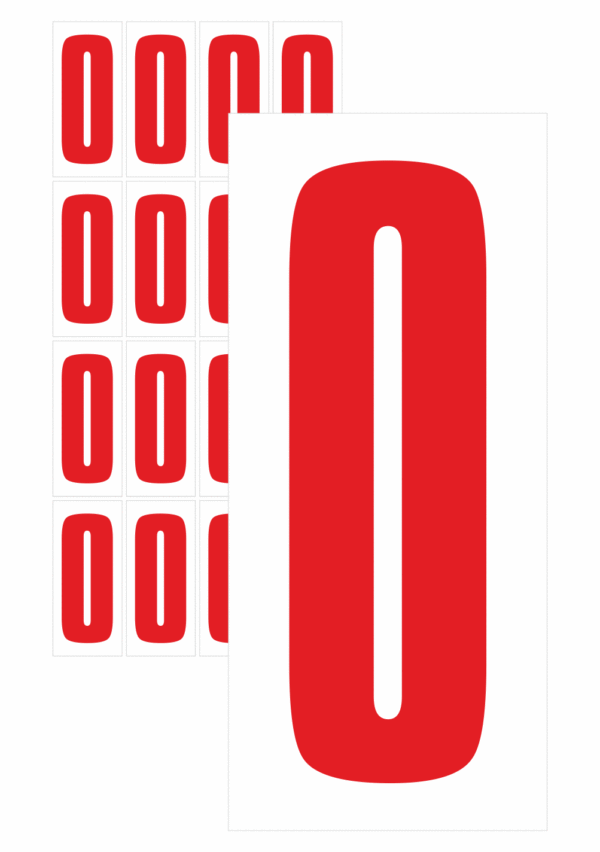 Čísla a písmena - Číslo na samolepicí fólii PVC s bílým podkladem: 0 (Červená)