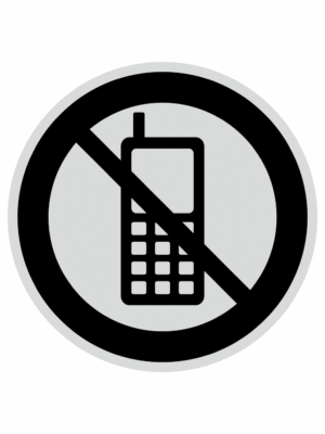 Značení budov, prostorů a vstupů - Označení místnosti (Piktogramy): Zákaz mobilů (Stříbrná, Kruh)