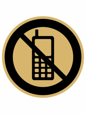 Značení budov, prostorů a vstupů - Označení místnosti (Piktogramy): Zákaz mobilních telefonů (Zlatá, Kruh)