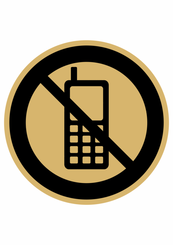 Značení budov, prostorů a vstupů - Označení místnosti (Piktogramy): Zákaz mobilních telefonů (Zlatá, Kruh)