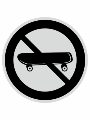 Značení budov, prostorů a vstupů - Označení místnosti (Piktogramy): Zákaz skateboardů (Stříbrná, Kruh)