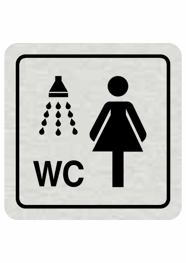 Značení budov, prostorů a vstupů - Označení místnosti (Piktogramy): WC a sprcha ženy (Stříbrná, Čtverec