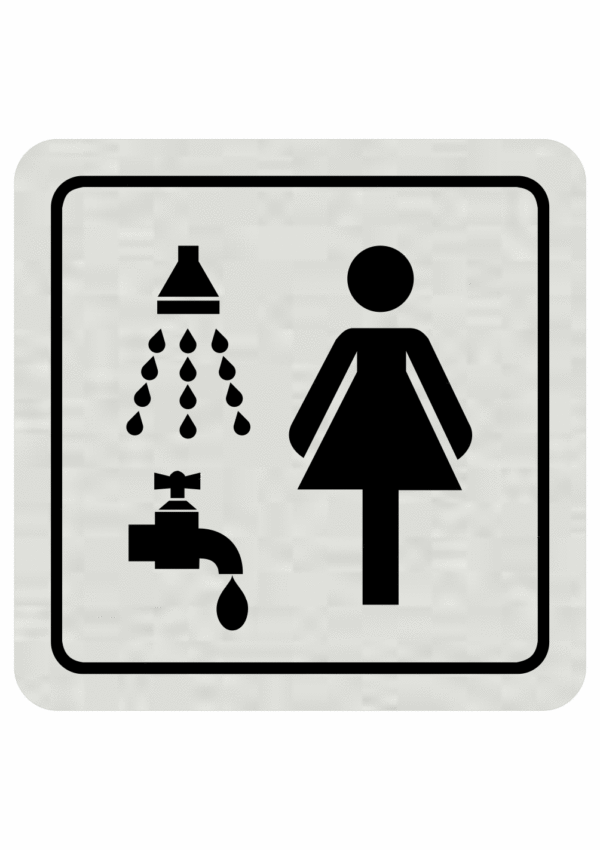 Značení budov, prostorů a vstupů - Označení místnosti (Piktogramy): Umývárna se sprchou Ženy (Stříbrná, Čtverec)