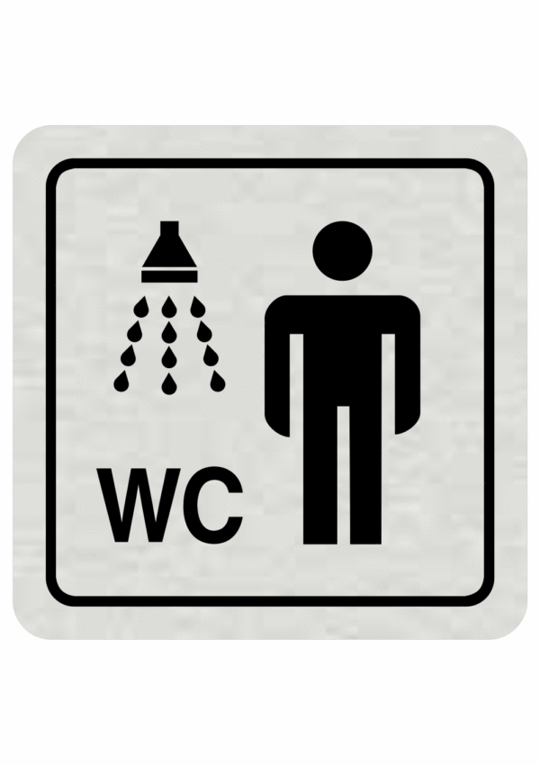 Značení budov, prostorů a vstupů - Označení místnosti (Piktogramy): WC a sprcha Muži (Stříbrná, Čtverec)