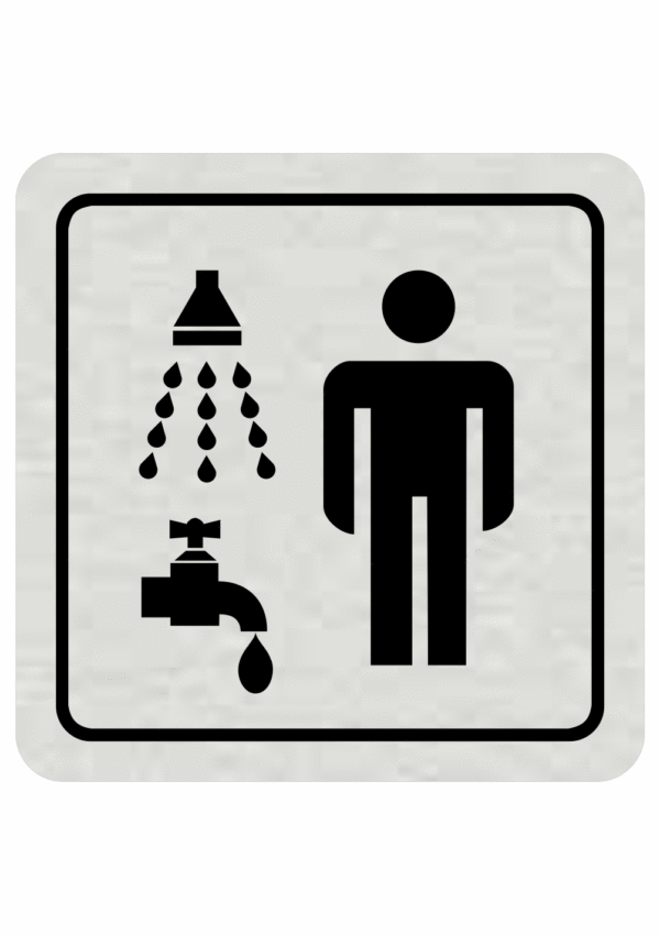 Značení budov, prostorů a vstupů - Označení místnosti (Piktogramy): Umývárna se sprchou Muži (Stříbrná, Čtverec)