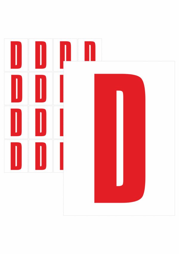 Čísla a písmena - Písmeno na samolepicí fólii PVC s bílým podkladem: D (Červené)