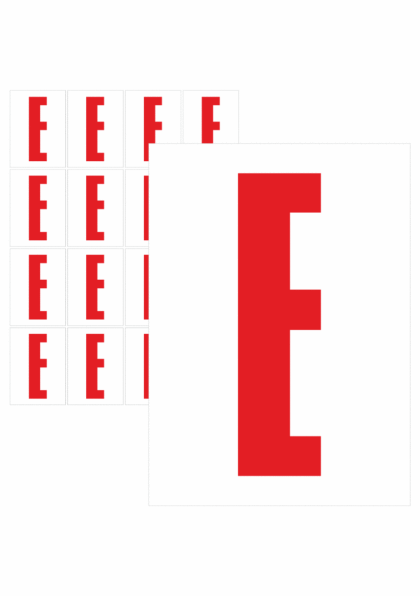 Čísla a písmena - Písmeno na samolepicí fólii PVC s bílým podkladem: E (Červené)