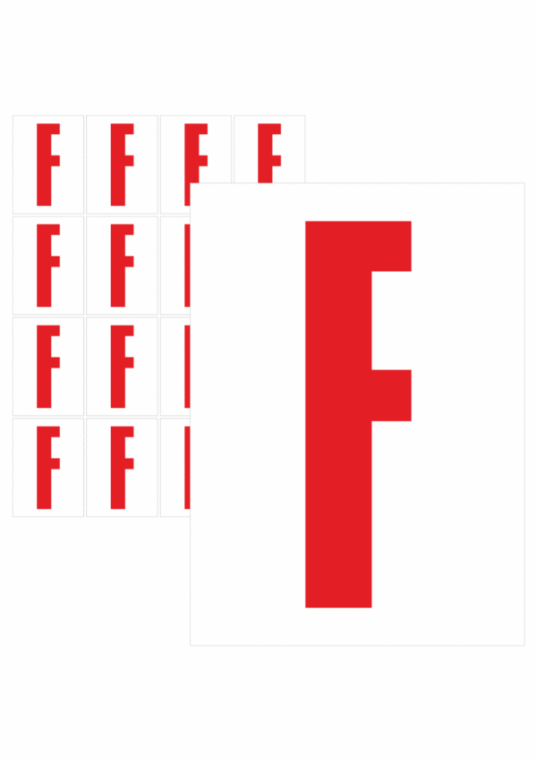 Čísla a písmena - Písmeno na samolepicí fólii PVC s bílým podkladem: F (Červené)