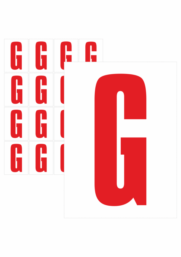 Čísla a písmena - Písmeno na samolepicí fólii PVC s bílým podkladem: G (Červené)