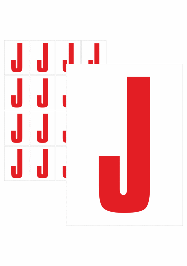 Čísla a písmena - Písmeno na samolepicí fólii PVC s bílým podkladem: J (Červené)