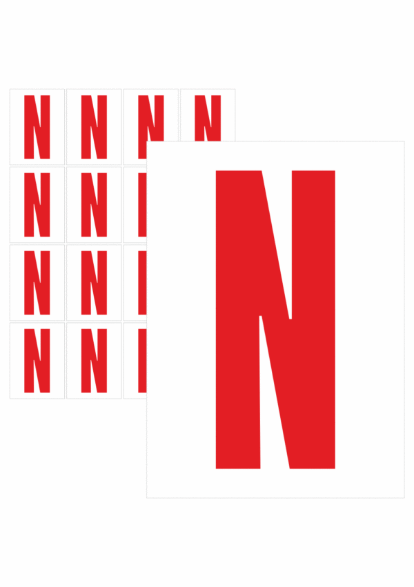 Čísla a písmena - Písmeno na samolepicí fólii PVC s bílým podkladem: N (Červené)