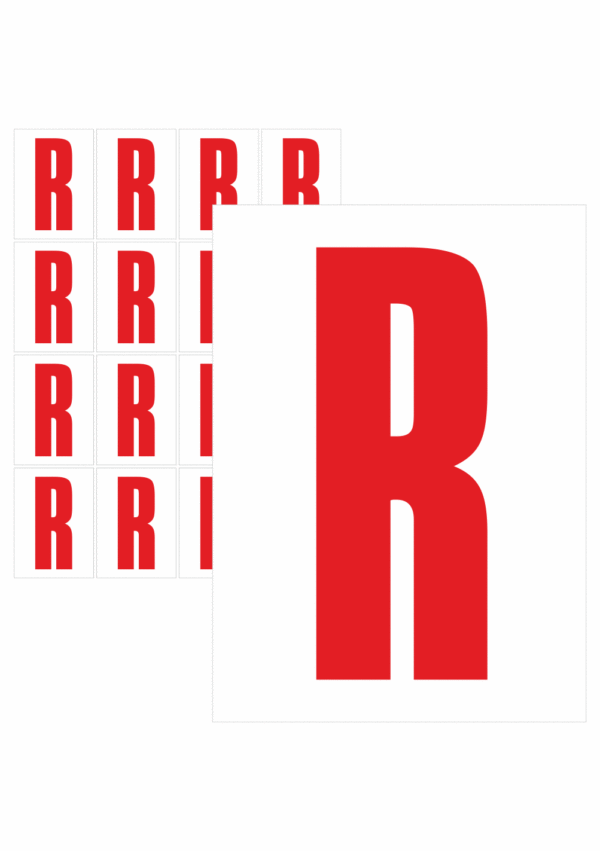 Čísla a písmena - Písmeno na samolepicí fólii PVC s bílým podkladem: R (Červené)