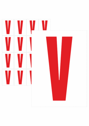 Čísla a písmena - Písmeno na samolepicí fólii PVC s bílým podkladem: V (Červené)