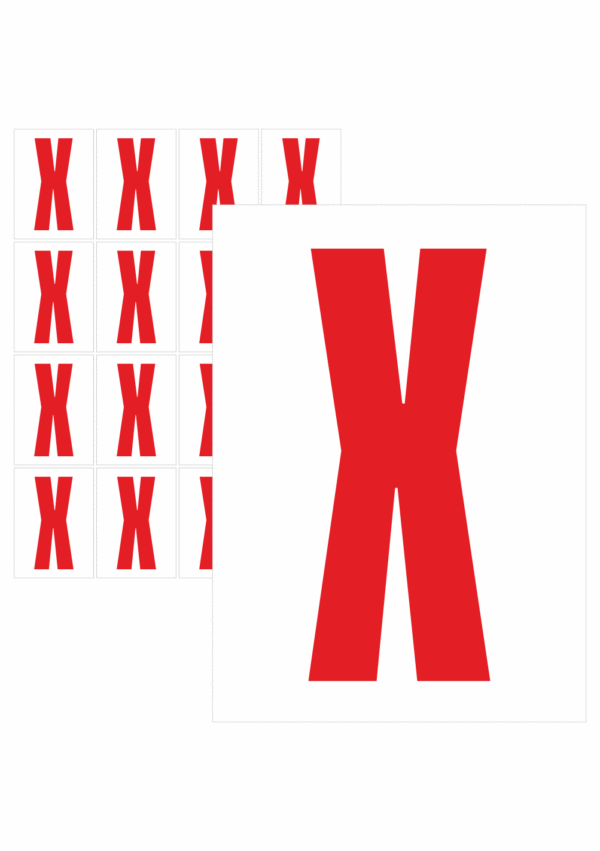 Čísla a písmena - Písmeno na samolepicí fólii PVC s bílým podkladem: X (Červené)