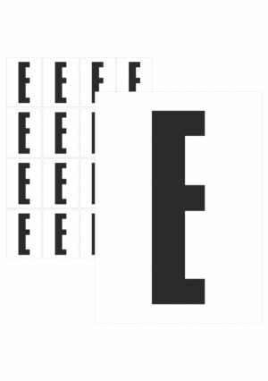 Čísla a písmena - Písmeno na samolepicí fólii PVC s bílým podkladem: E (Černé)