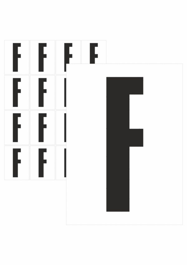 Čísla a písmena - Písmeno na samolepicí fólii PVC s bílým podkladem: F (Černé)