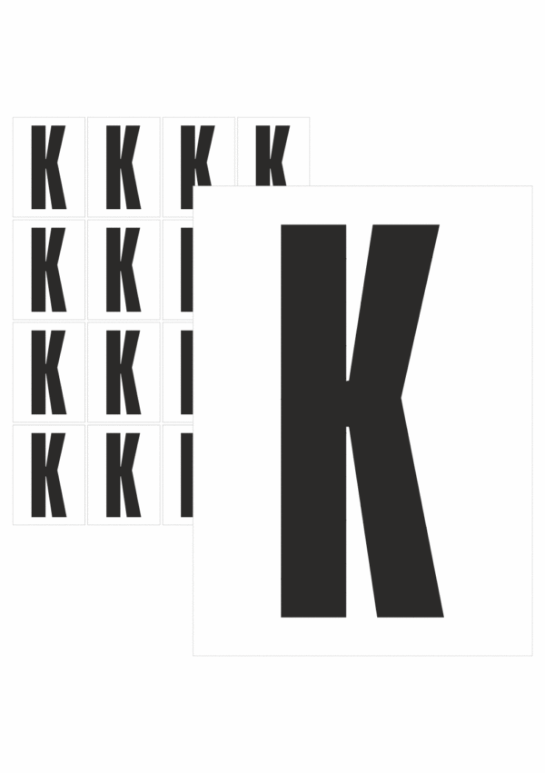 Čísla a písmena - Písmeno na samolepicí fólii PVC s bílým podkladem: K (Černé)