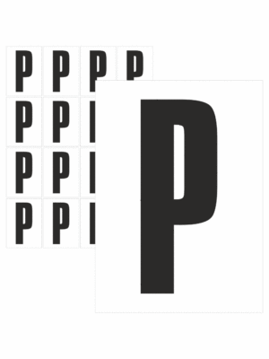 Čísla a písmena - Písmeno na samolepicí fólii PVC s bílým podkladem: P (Černé)