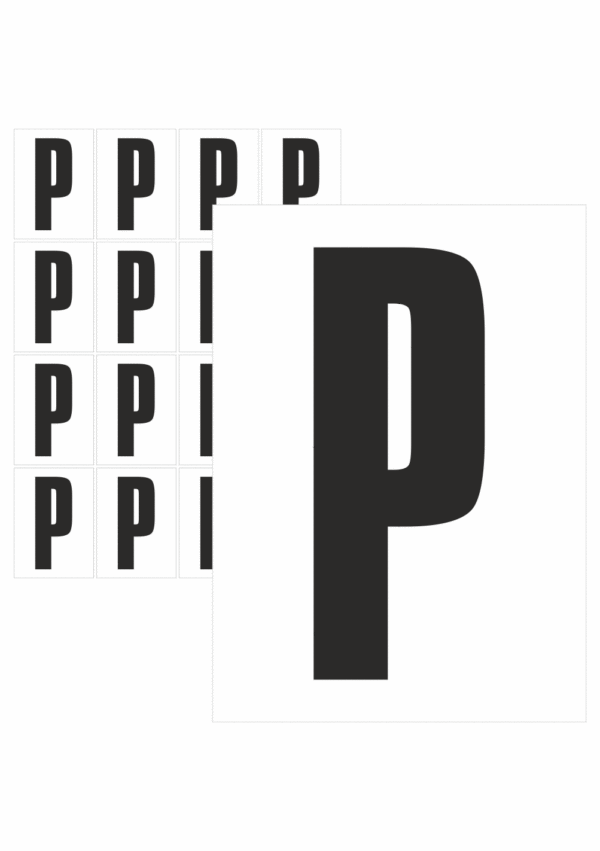 Čísla a písmena - Písmeno na samolepicí fólii PVC s bílým podkladem: P (Černé)