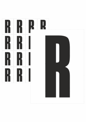 Čísla a písmena - Písmeno na samolepicí fólii PVC s bílým podkladem: R (Černé)