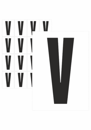 Čísla a písmena - Písmeno na samolepicí fólii PVC s bílým podkladem: V (Černé)