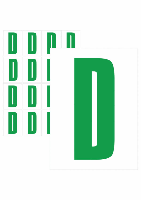 Čísla a písmena - Písmeno na samolepicí fólii PVC s bílým podkladem: D (Zelené)