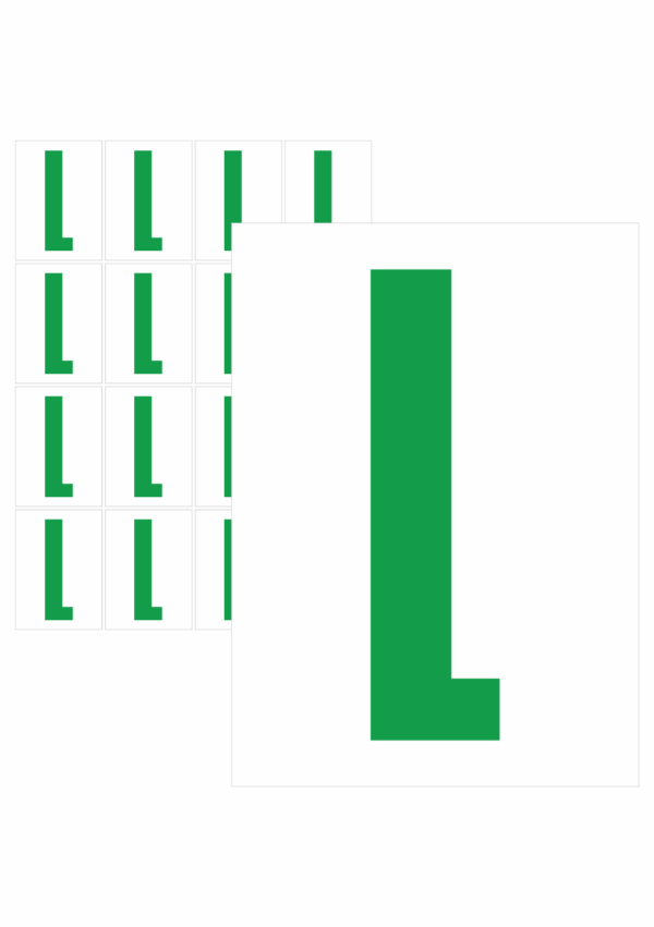 Čísla a písmena - Písmeno na samolepicí fólii PVC s bílým podkladem: L (Zelené)