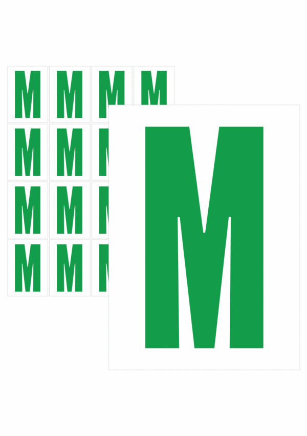 Čísla a písmena - Písmeno na samolepicí fólii PVC s bílým podkladem: M (Zelené)