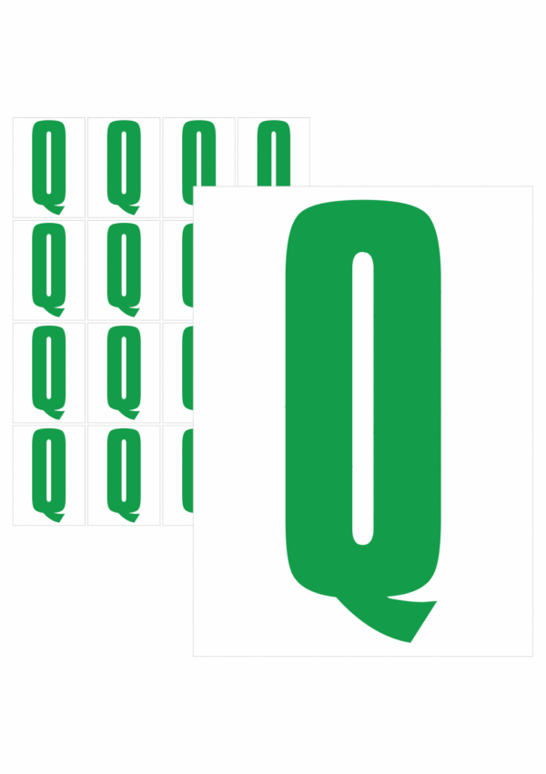 Čísla a písmena - Písmeno na samolepicí fólii PVC s bílým podkladem: Q (Zelené)