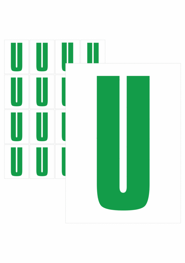 Čísla a písmena - Písmeno na samolepicí fólii PVC s bílým podkladem: U (Zelené)