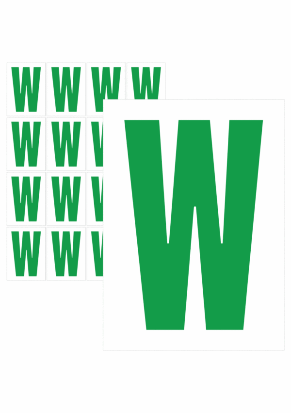Čísla a písmena - Písmeno na samolepicí fólii PVC s bílým podkladem: W (Zelené)