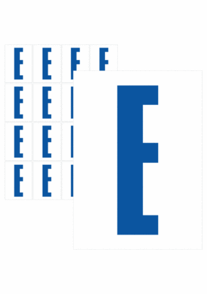 Čísla a písmena - Písmeno na samolepicí fólii PVC s bílým podkladem: E (Modré)
