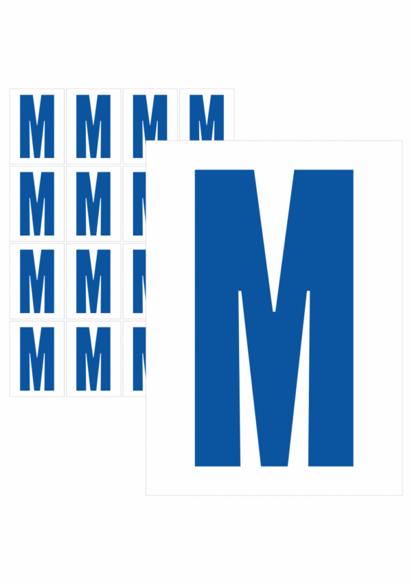 Čísla a písmena - Písmeno na samolepicí fólii PVC s bílým podkladem: M (Modré)