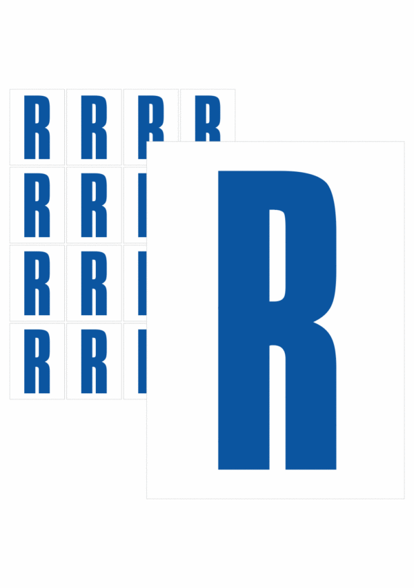 Čísla a písmena - Písmeno na samolepicí fólii PVC s bílým podkladem: R (Modré)