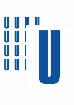 Čísla a písmena - Písmeno na samolepicí fólii PVC s bílým podkladem: U (Modré)