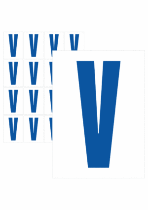 Čísla a písmena - Písmeno na samolepicí fólii PVC s bílým podkladem: V (Modré)