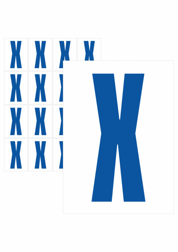Čísla a písmena - Písmeno na samolepicí fólii PVC s bílým podkladem: X (Modré)