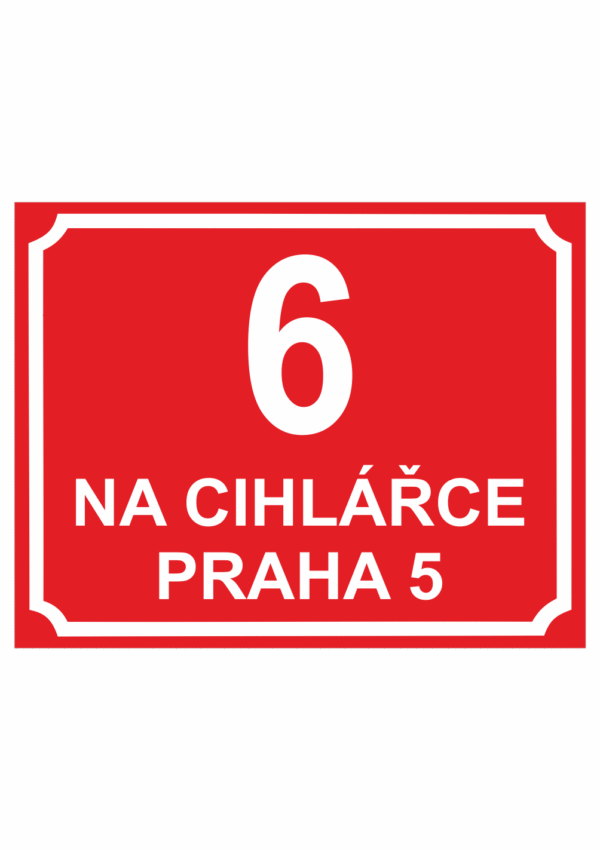 Značení budov - Značení ulic a domů: Číslo popisné, Text + Číslo (Červené s bílým písmem)
