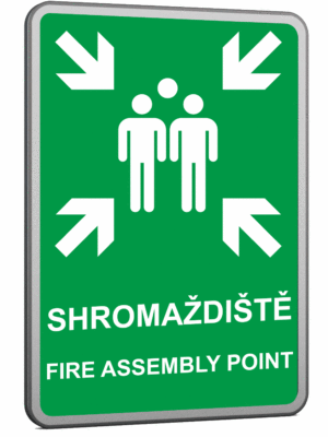 Velkoplošná požární plechová cedule - Shromaždiště / Fire assembly point - Symbol s textem