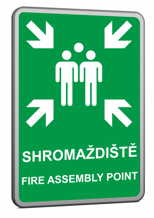 Velkoplošná požární plechová cedule - Shromaždiště / Fire assembly point - Symbol s textem
