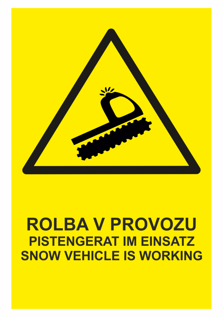 Značení budov - Označení zimních středisek a rezortů: "Rolba v provozu / Pistengerat im einsatz / Snow vehicle is working"