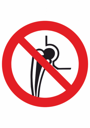 Zákazová bezpečnostní tabulka symbol s textem: "Zákaz kovových implantátů"