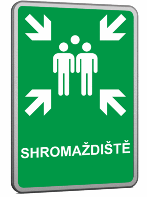Velkoplošná požární plechová cedule - Shromaždiště - Symbol s textem