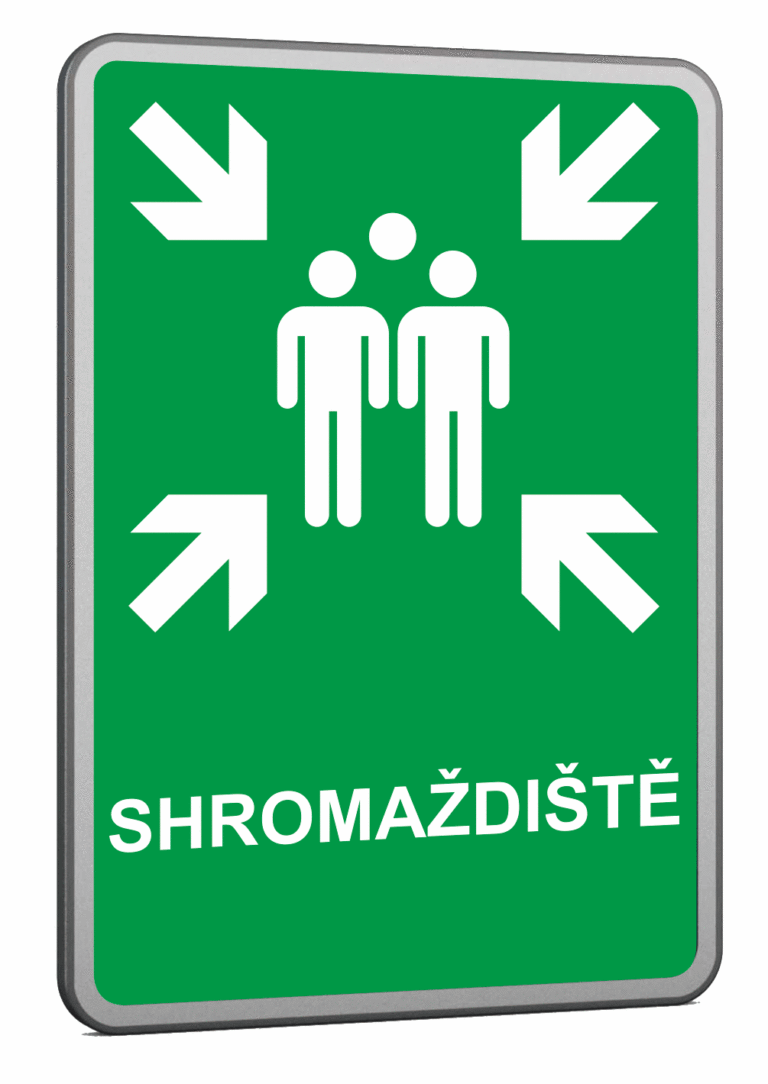 Velkoplošná požární plechová cedule - Shromaždiště - Symbol s textem