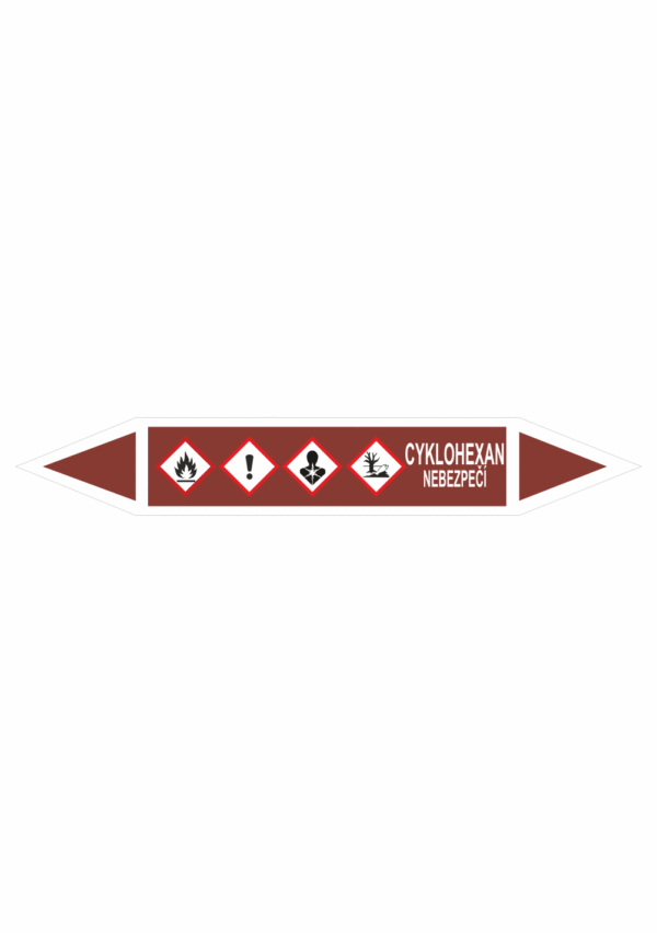 Značenie potrubí - Obojsmerné šípky se symboly: Cyklohexán / Nebezpečenstvo