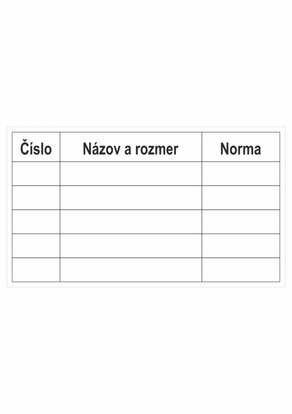 Značenie budov a priestorov - Značenie materiálov: Číslo / Názov a rozmer / Norma